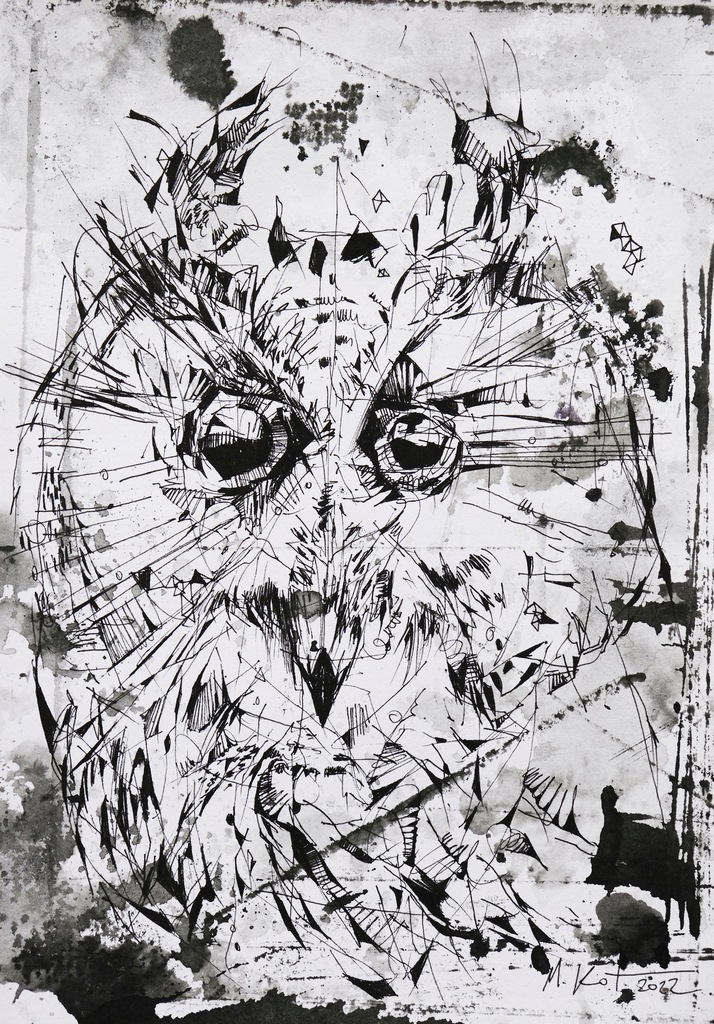 CIEKAWY RYSUNEK TUSZ PTAK SOWA ORYGINAŁ 21X29,7