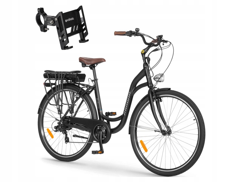 Rower elektryczny INDIANA E-City D17 28 cali miejski Czarny + Uchwyt VÖGEL