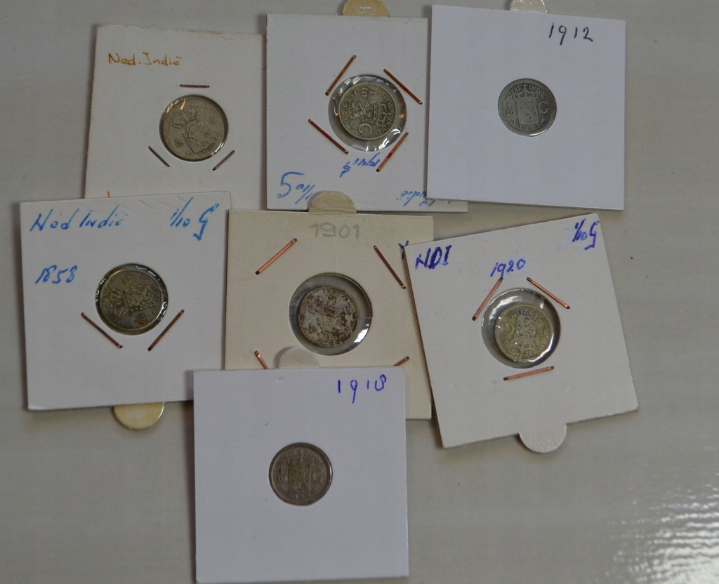 Indie Holenderskie - srebro 1/10 Gulden - miks - zestaw 7 monet