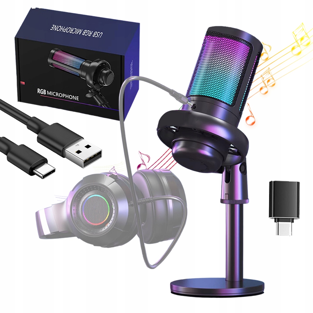 Mikrofon RGB do Komputera Gamingowy Pop-Filter Pojemnościowy Funkcja Wycisz