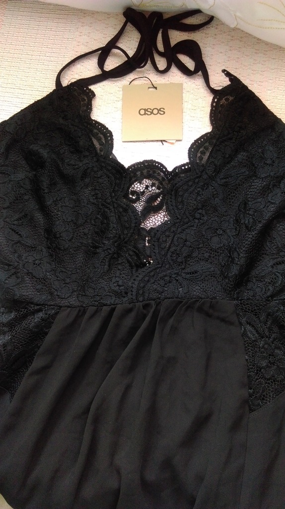 (38) ASOS/Czarna maxi sukienka koronkowa/mgiełka