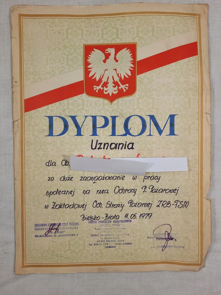 Dyplom Straż Pożarna ZRB Bielsko 1979 r. FSM