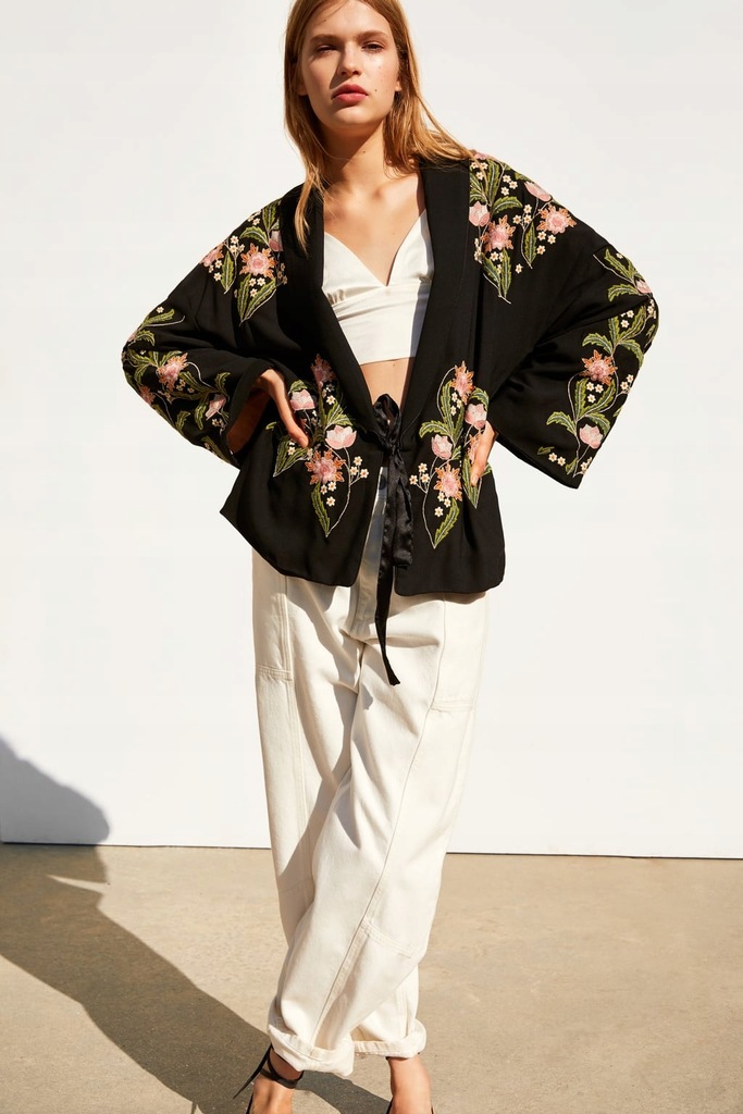 ZARA kimono narzutka haft boho kwiaty NOWE S/M