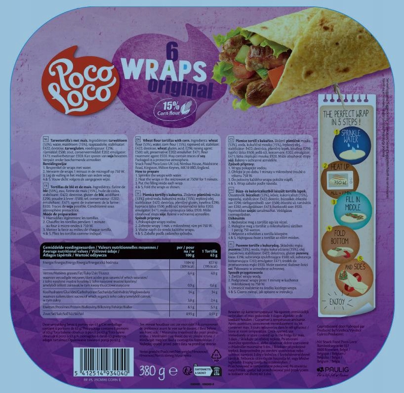 Wyprzedaż! 6/09/2024 WRAPS ORIGINAL (15% CORN) 25CM, 6SZT,380G/14 POCO LOCO