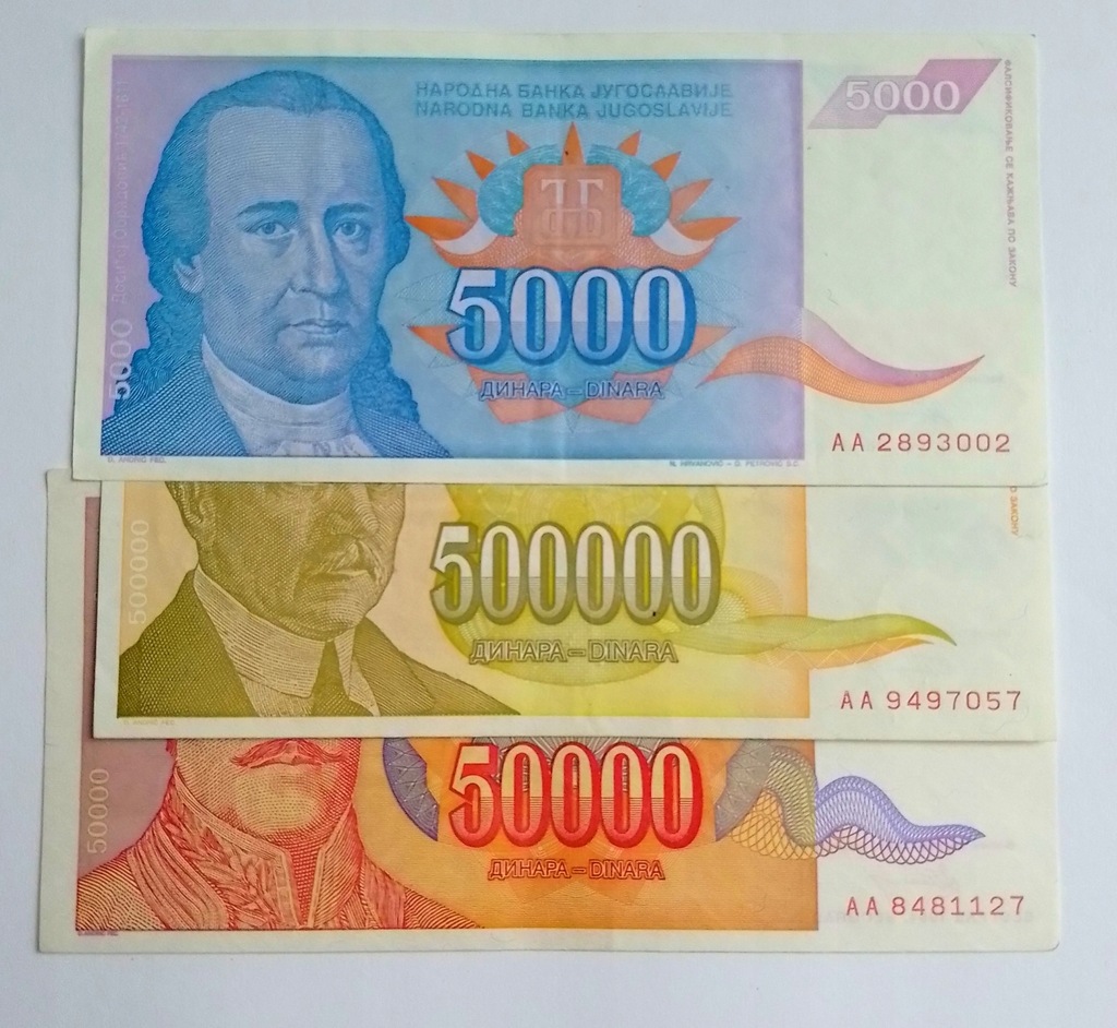 Jugosławia zestaw banknotów 3 sztuki seria AA