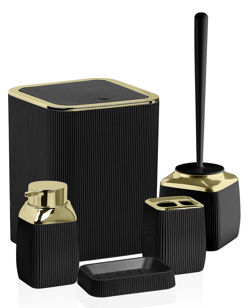 Zestaw łazienkowy Stripe czarny złoty komplet do wc 5 elementów kosz 5w1