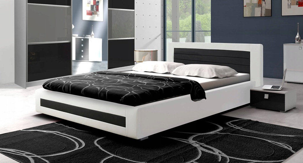 Duże Łóżko 180x200 Tapicerowane Dwuosobowe Stelaż Metalowy z Pojemnikiem