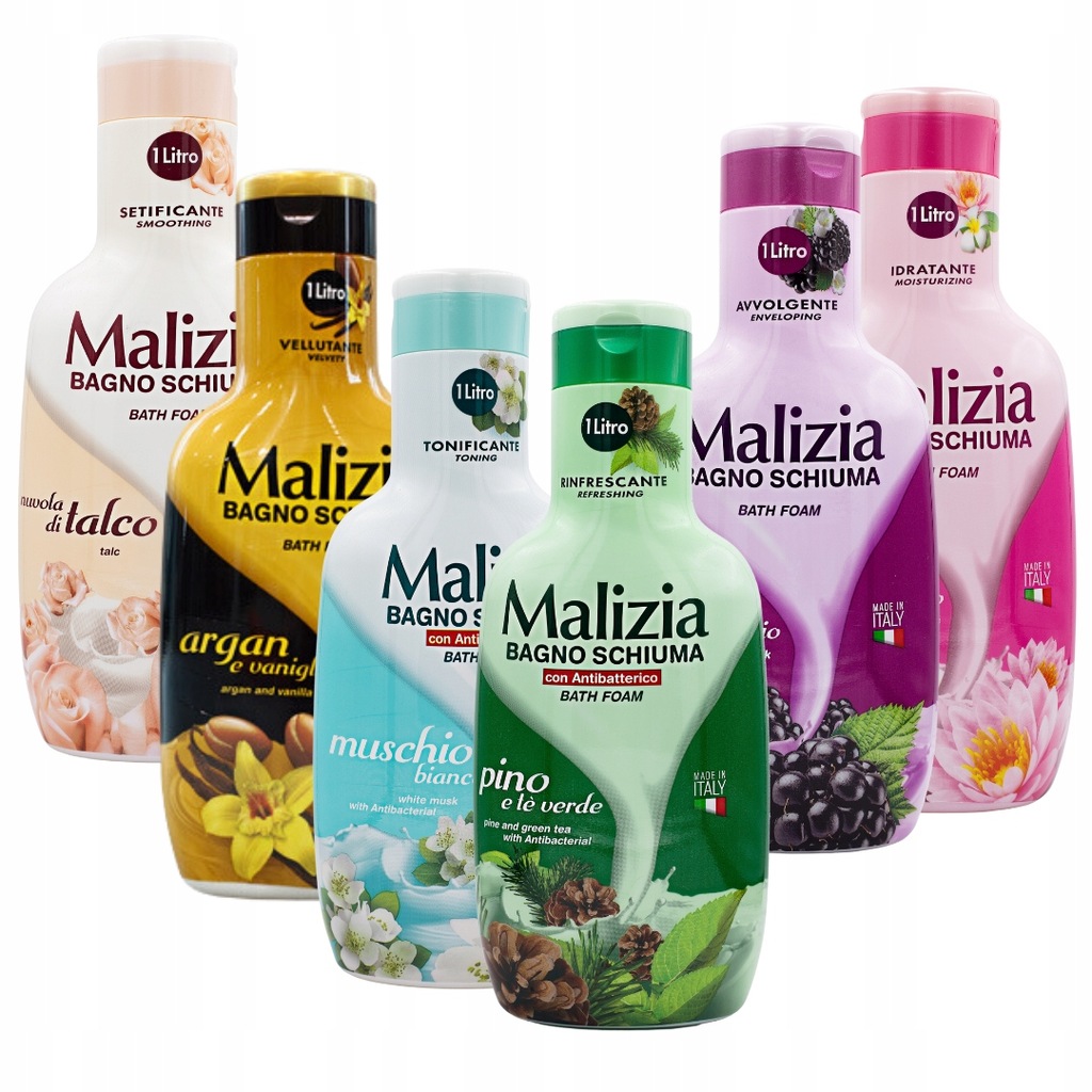 MALIZIA 6x włoski płyn do kąpieli JEŻYNA, LOTOS, TALK, SOSNA, ARGAN, MUSCHI