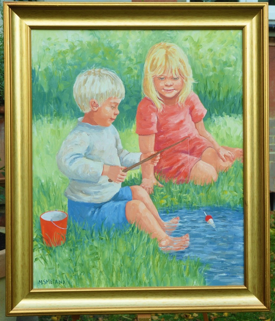 MONICA SMETANA obraz olejny na płótnie - dzieci nad wodą - 86 cm. x 73 cm.