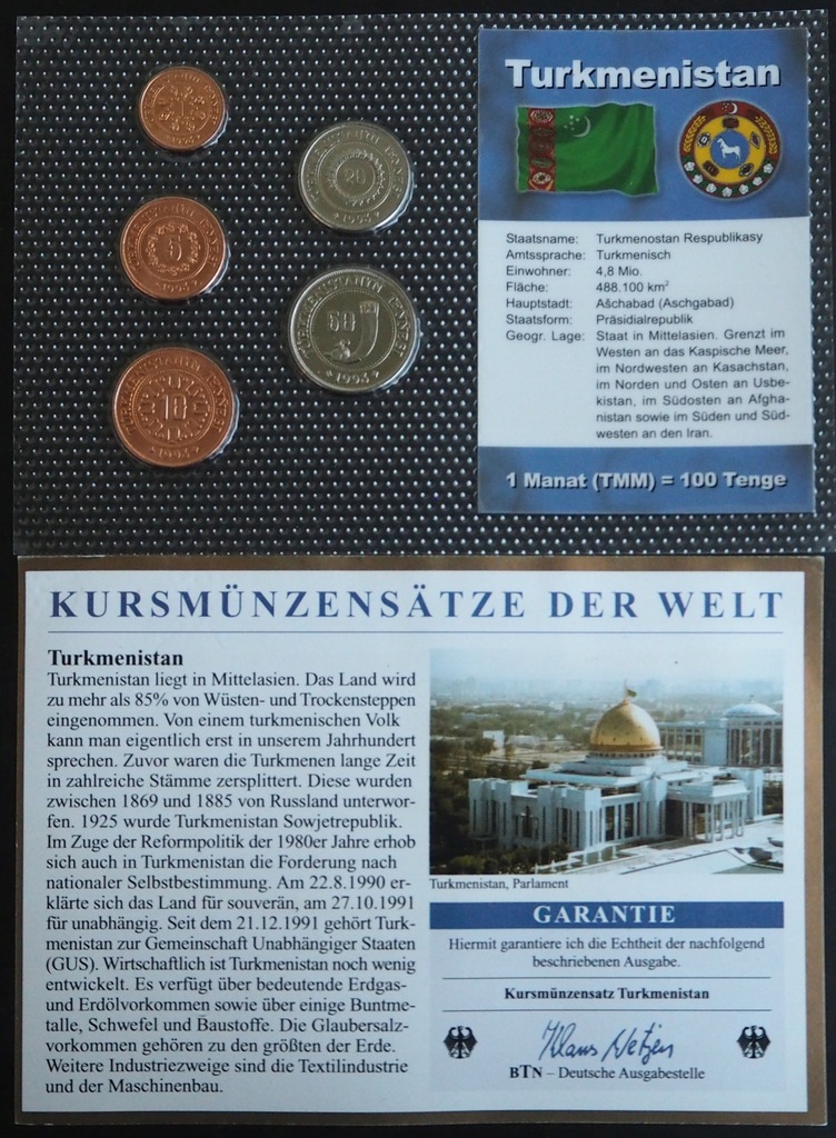 TURKMENISTAN 1993 ZESTAW SET 5 MONET UNC + CERTYF.