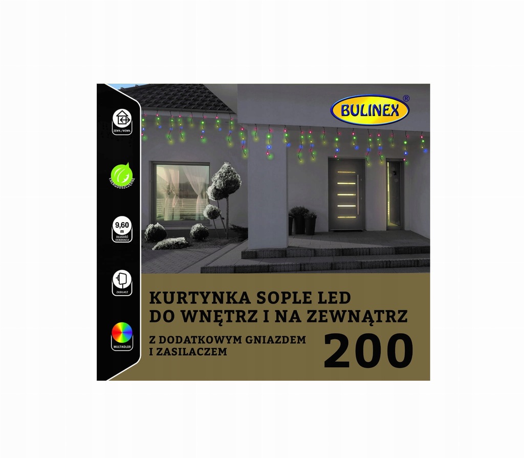 Kurtynka sople 200 LED multikolor z dodatkowymgniazdkiem z zasilaczem, 9,6M