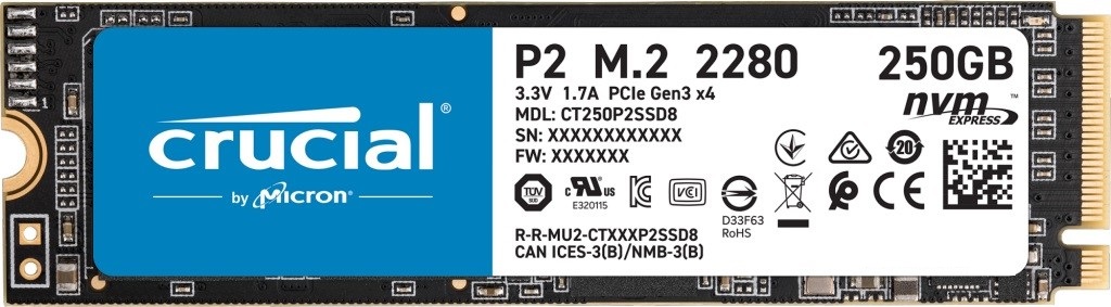 Dysk SSD Crucial P2 250GB M.2 PCIe NVMe 2280 2100/1150MB/s