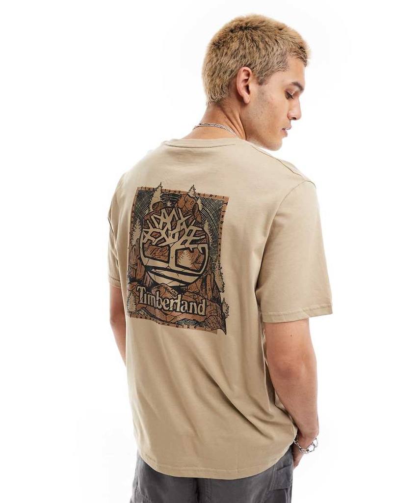 Rezis Beżowy T-shirt oversize z logo z motywem drzewa we wzór moro L