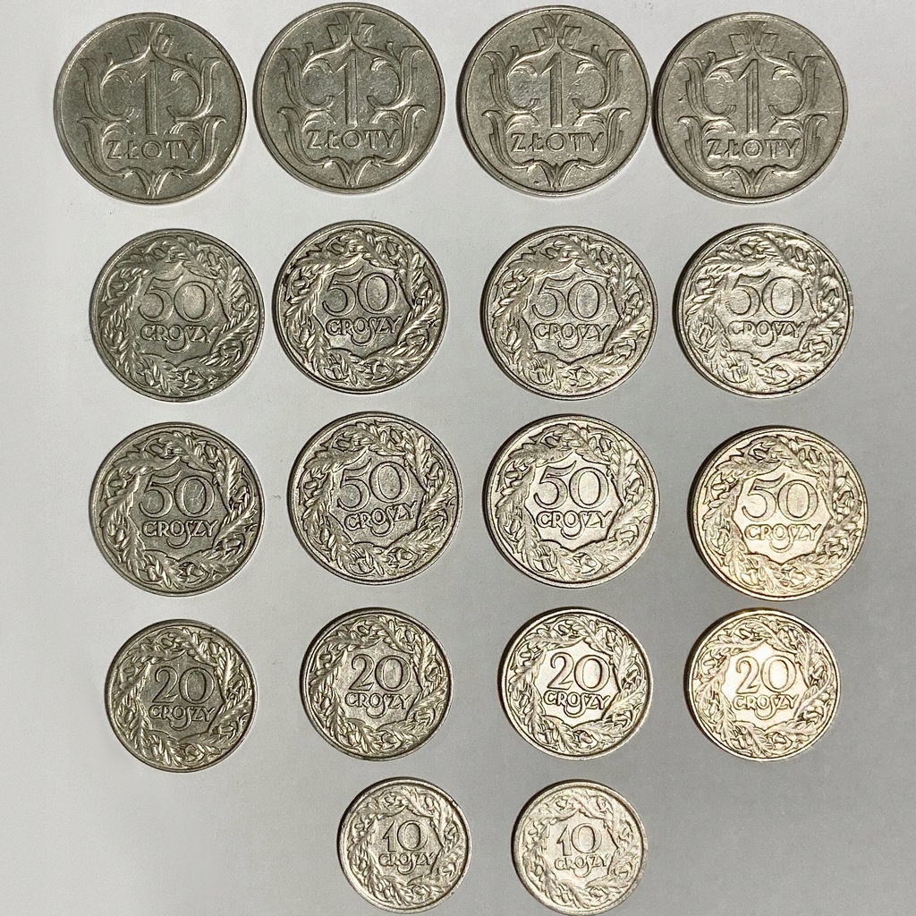 Zestaw 18 szt, monety II RP: 1zł 1929r; 50 gr, 20 gr,10 gr 1923r (77)