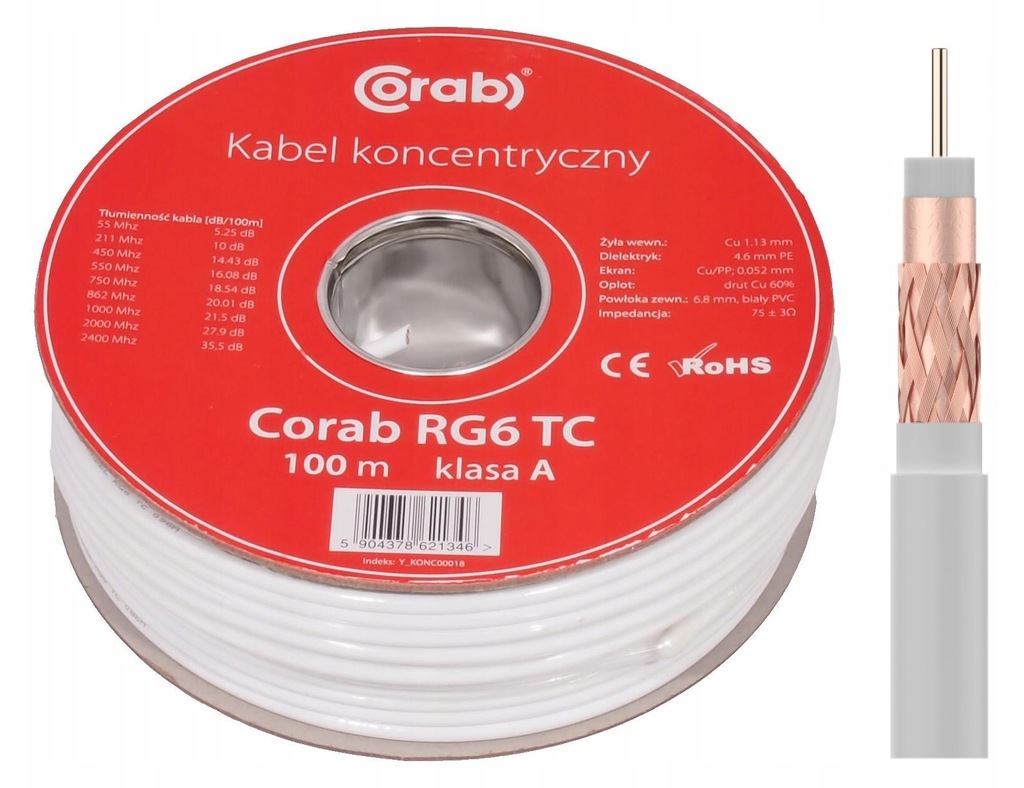 Kabel Przewód Koncentryczny Pełna Miedź RG6 100m