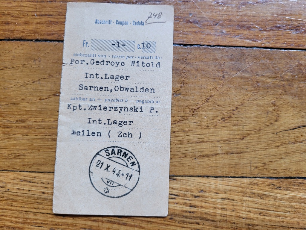 Por Gedroyc 2 Dywizja Strzelców 1944 dokument z Internowania w Szwajcrii