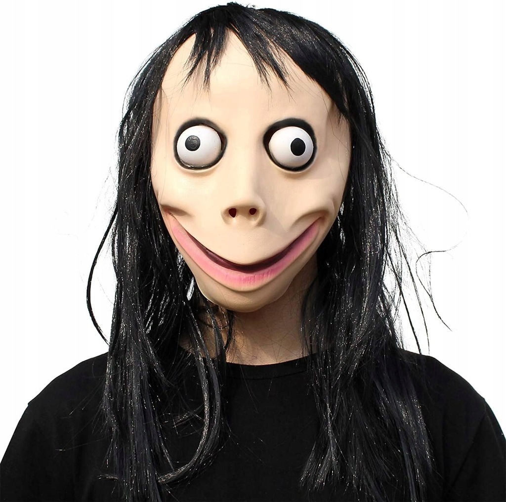STRASZNA MASKA MOMO NA HALLOWEEN LATEKSOWA DUŻA CREEPY HORROR Z WŁOSAMI