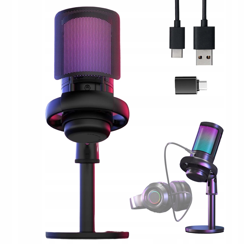 MIKROFON STUDYJNY RGB USB JACK POJEMNOŚCIOWY GAMINGOWY STATYW
