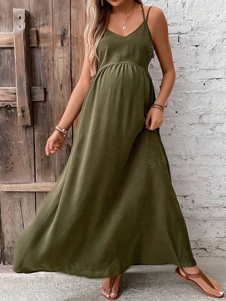 SHEIN SUKIENKA MAXI ZIELONA MATERNITY NA RAMIĄCZKACH JEDNOLITA S 171