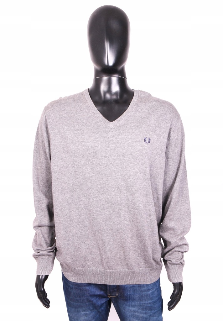 *Fred Perry Sweter Męski Bawełna V-Neck Szary r XL