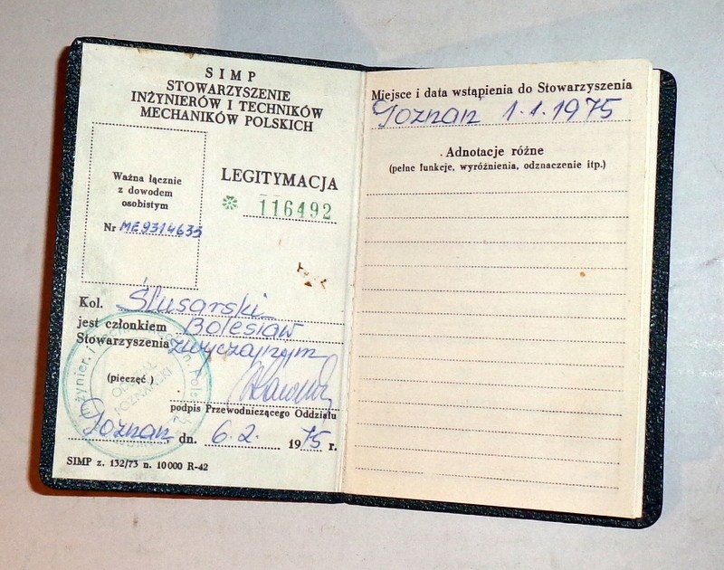 Legitymacja SIMP Stowarz. Inż. i Techn. Mech. Polskich Poznań 1975r.