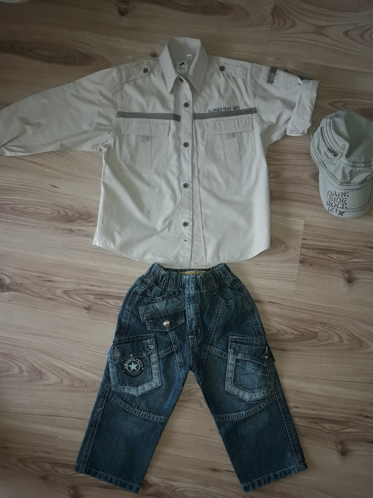 ELEGANCKA KOSZULKA SPODENKI JEANS 122/128 + CZAPKA