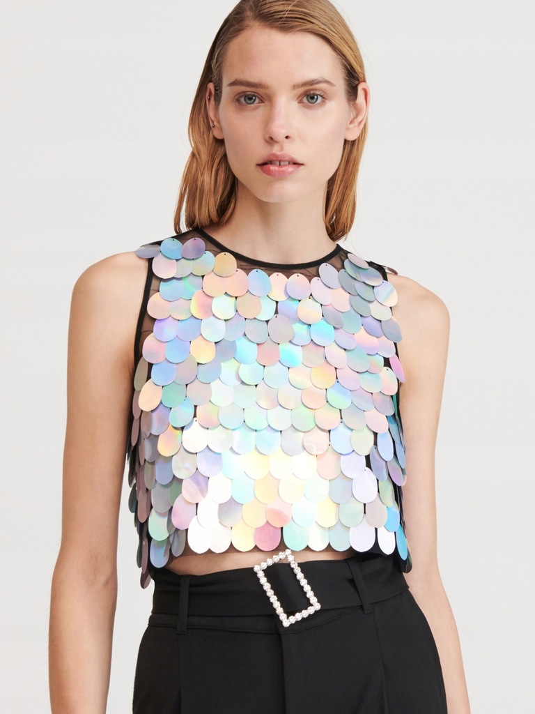 BLUZKA TOP HOLOGRAFICZNA CEKINOWA ŚLUB WESELE XS S