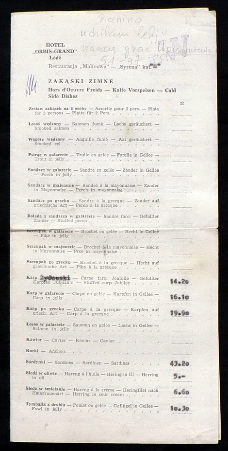 HOTEL ORBIS-GRAND Łódź _ Rest.MALINOWA = MENU 1974