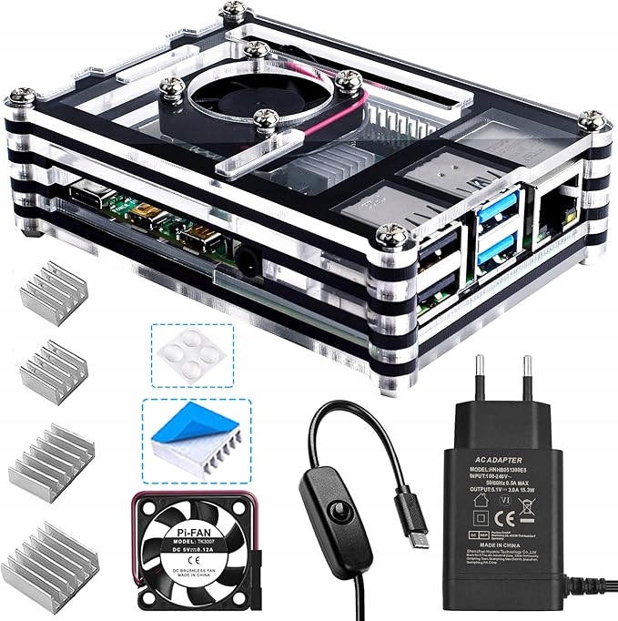 Obudowa Bruphny do Raspberry Pi 4 z zasilaczem 5V 3A USB-C, 4 x radiatorami