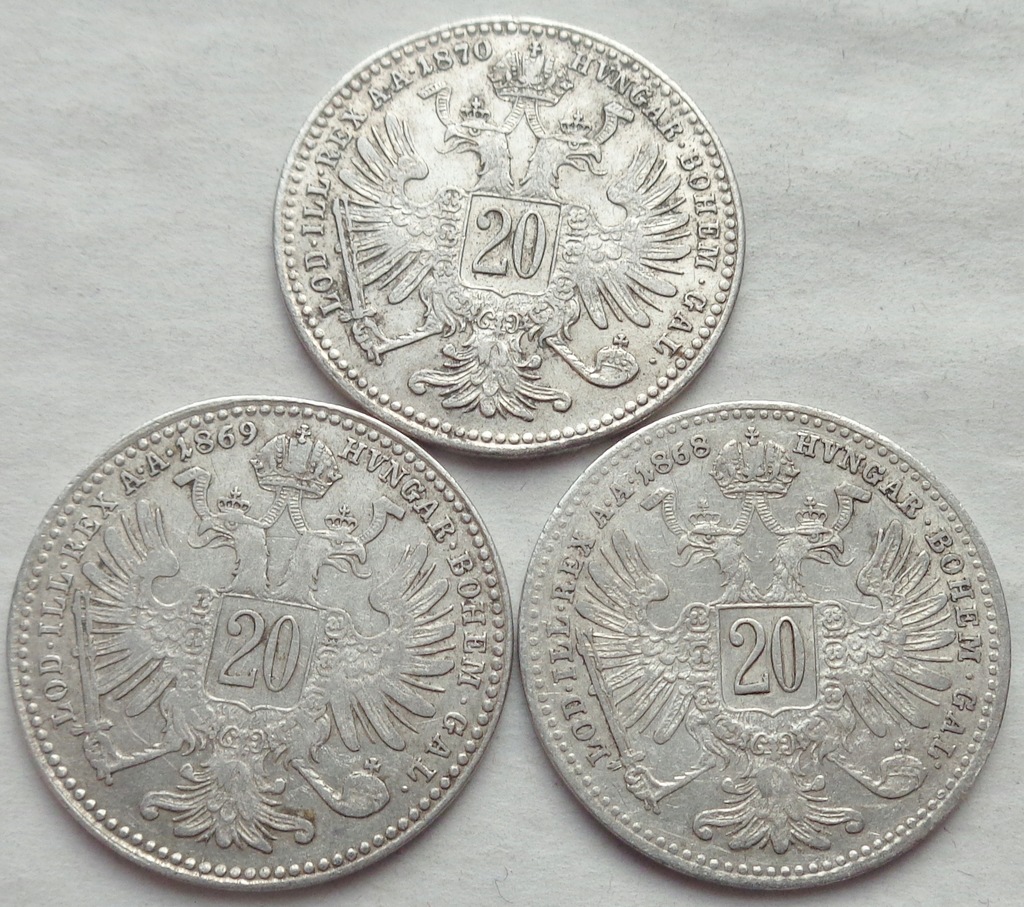 AUSTRIA - zestaw : 3 x 20 Krajcarów / kreuzer : 1868 + 1869 + 1870 / srebro