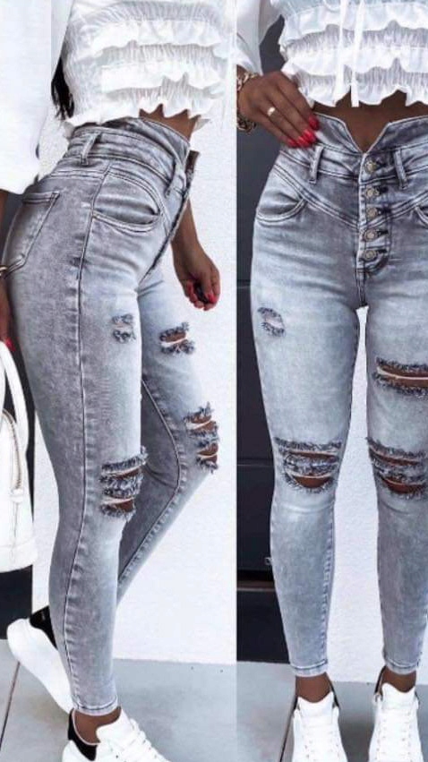 Spodnie jeansowe z dziurami wysoki stan szare XXS