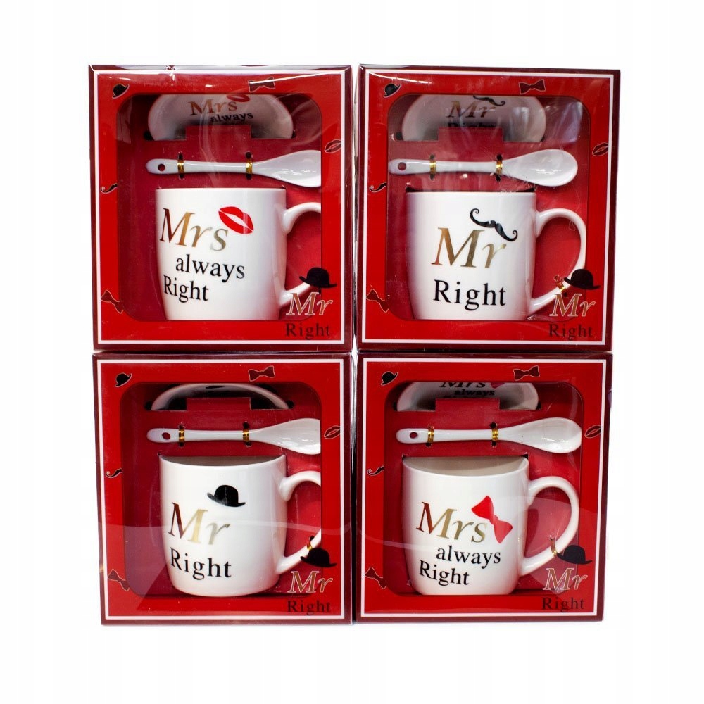 KUBEK CERAMICZNY Z ŁYŻECZKĄ I POKRYWKĄ 300ML "MRS ALWAYS RIGHT i MR RIGHT"
