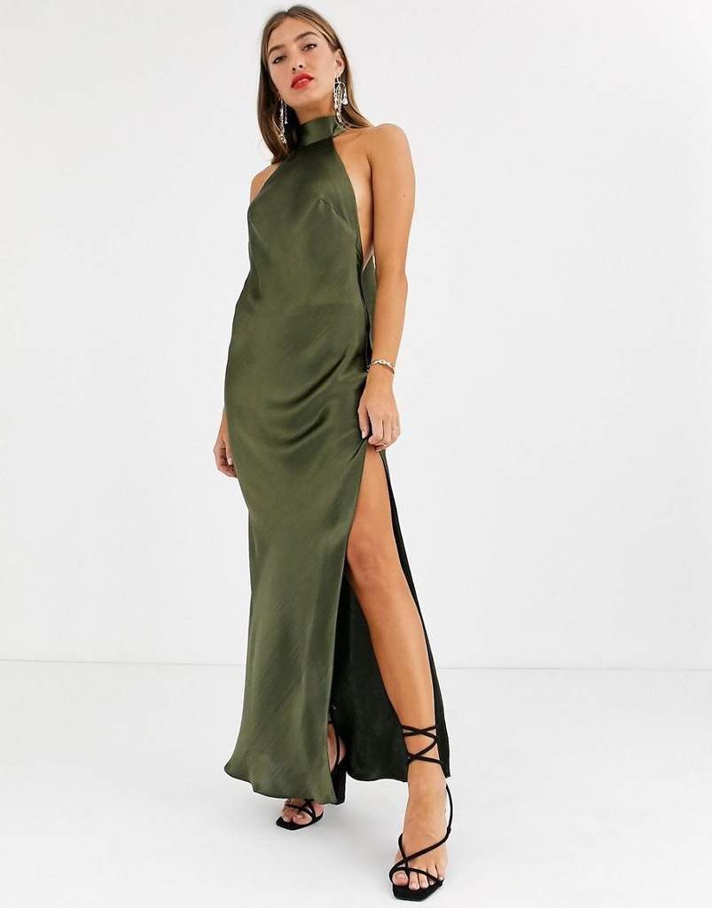 ASOS__XDJ KHAKI MAXI SUKIENKA Z ROZCIĘCIEM__S