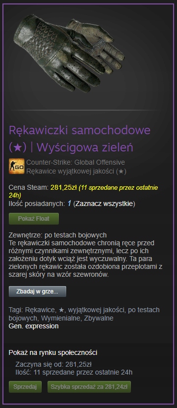 CS:GO Driver Gloves | Racing Green (FT) 70% ceny!