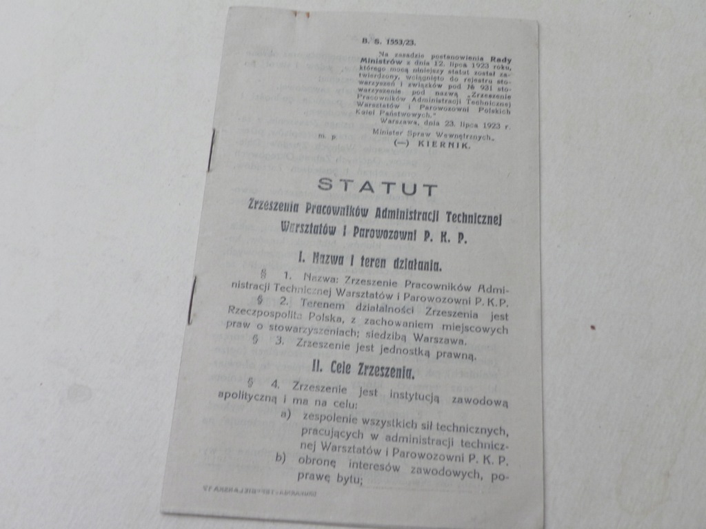 1923 STATUT WARSZTATÓW I PAROWOZOWNI PKP