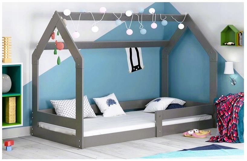 Pojedyncze Grafitowe Łóżko dziecięce z materacem Domek o wymiarach 80X160