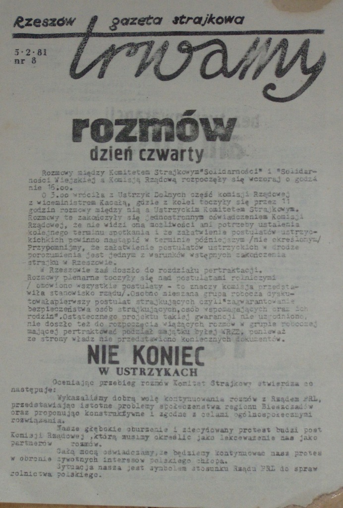 TRWAMY nr 8, gazeta strajkowa Rzeszów 1981