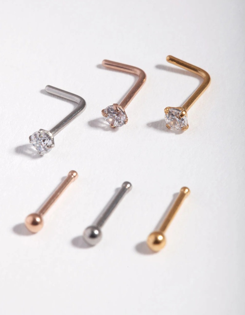 Lovisa - Zestaw Kolczyków Mixed Metal Cubic Zirconia Nose Stud 6-Pack