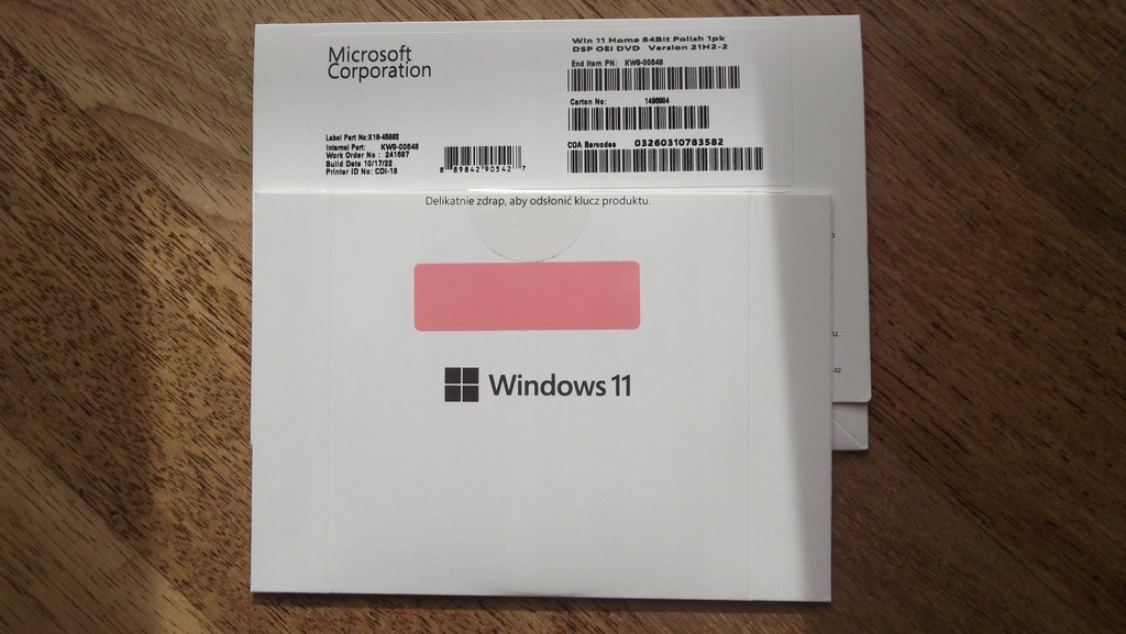 Płyta DVD z systemem Windows 11 Home PL 64-bit