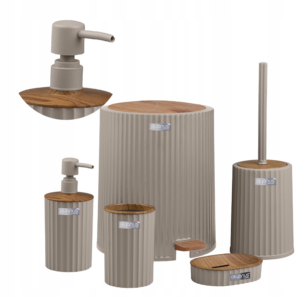 Zestaw łazienkowy 5 elementów Coliseum komplet do WC beż drewno kosz glam