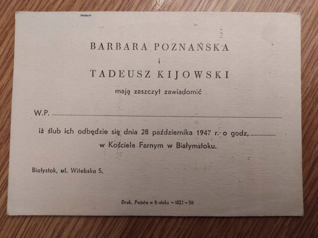 ZAPROSZENIE ŚLUB FARA BIAŁYSTOK 1947