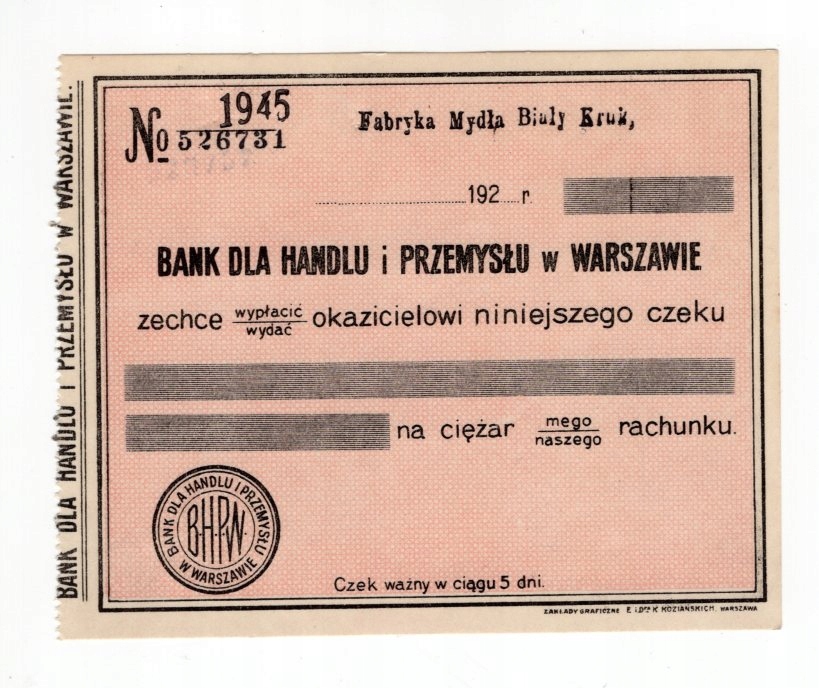 czek Banku dla Handlu i Przemysłu w Warszawie