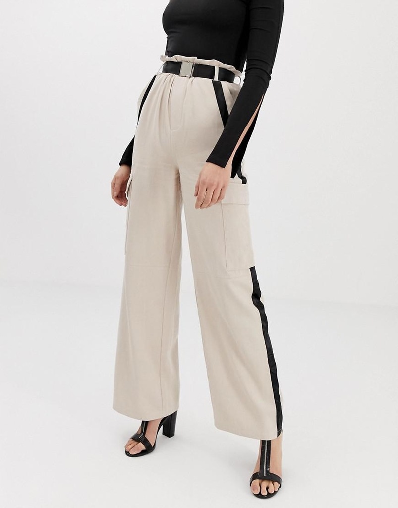 MISSGUIDED TALL_XZX BEŻOWE SPODNIE Z LAMPASAMI_XXS