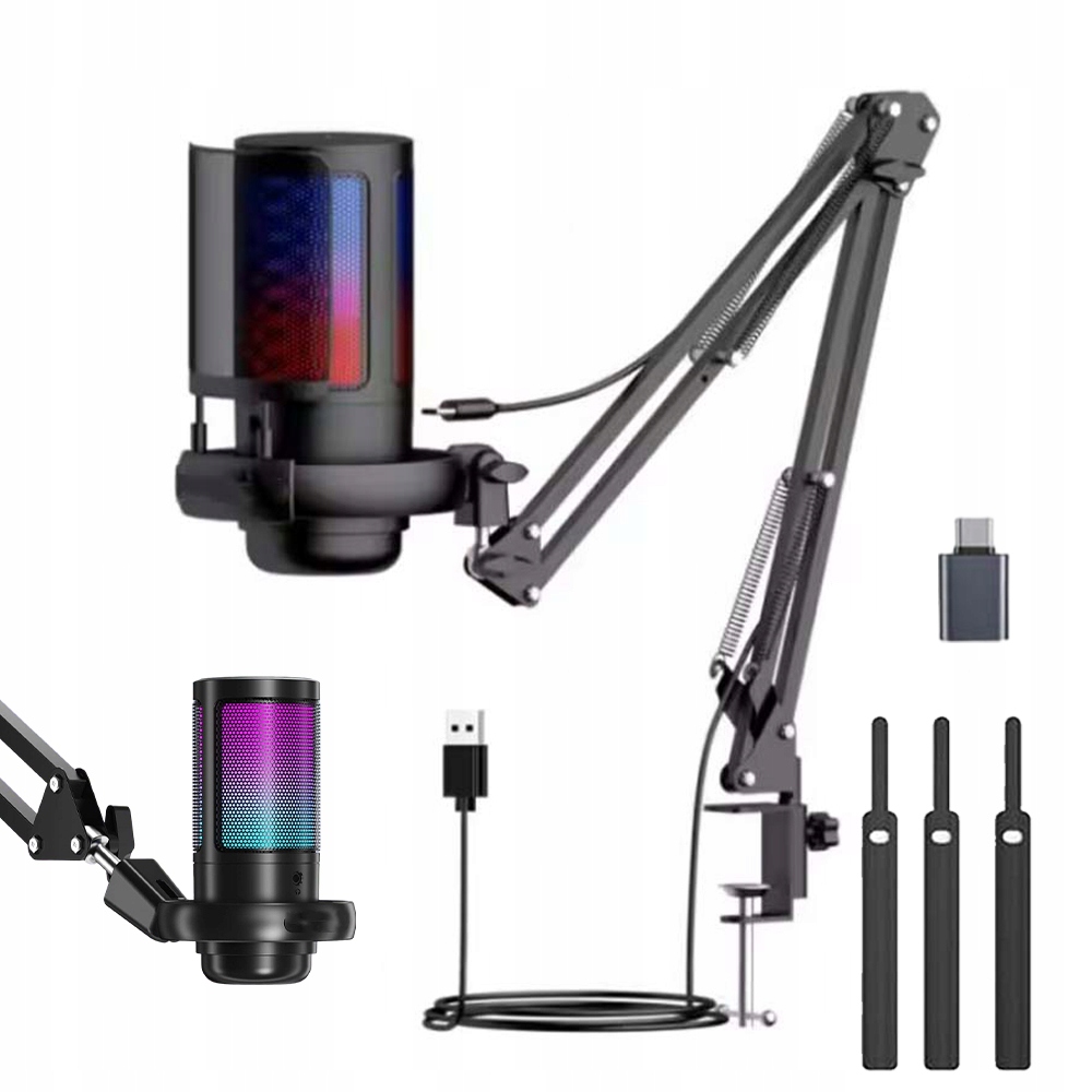 Mikrofon USB do Komputera Gamingowy Pop-Filter Pojemnościowy z ramieniem