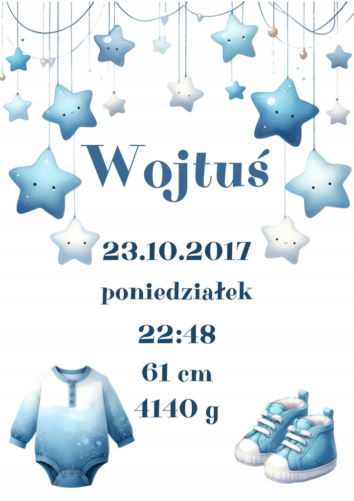 PLAKAT METRYCZKA A4 DLA CHŁOPCA NIEBIESKA PREZENT PAMIĄTKA