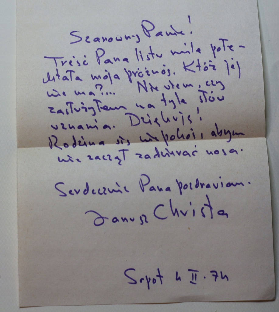 List z autografem Janusz Christa
