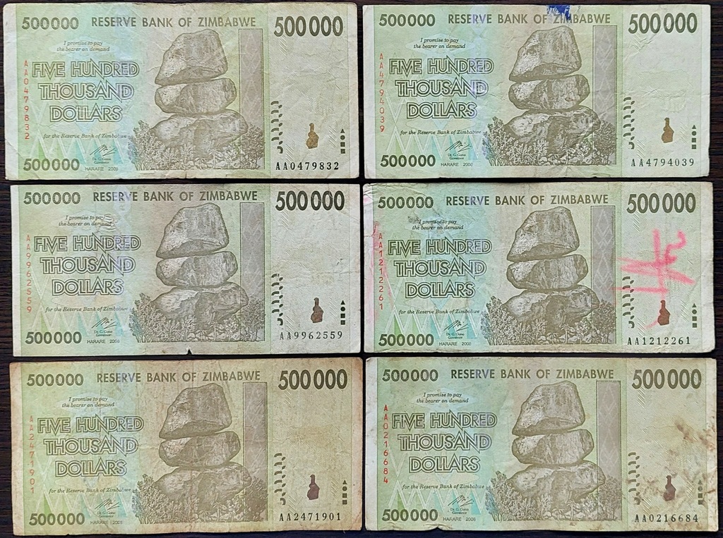 #021. Banknot Zimbabwe 500 000$ 2008r. Seria AA Obiegowy