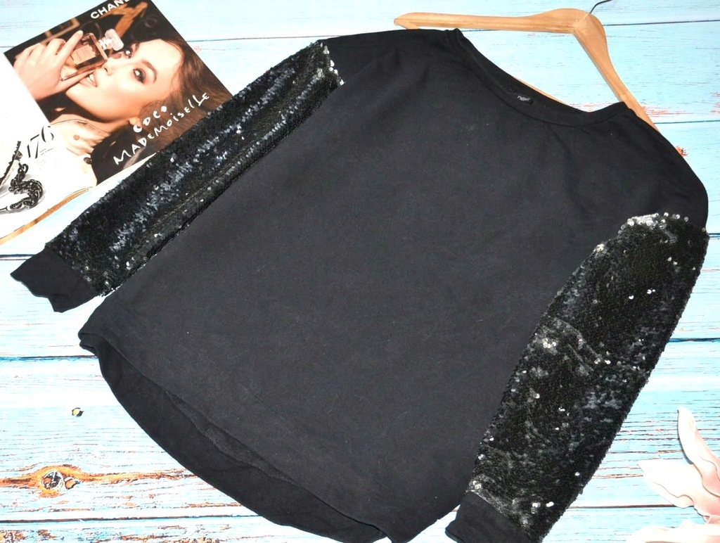 NEXT czarna bluza CEKINOWE RĘKAWY blog glam 40 L