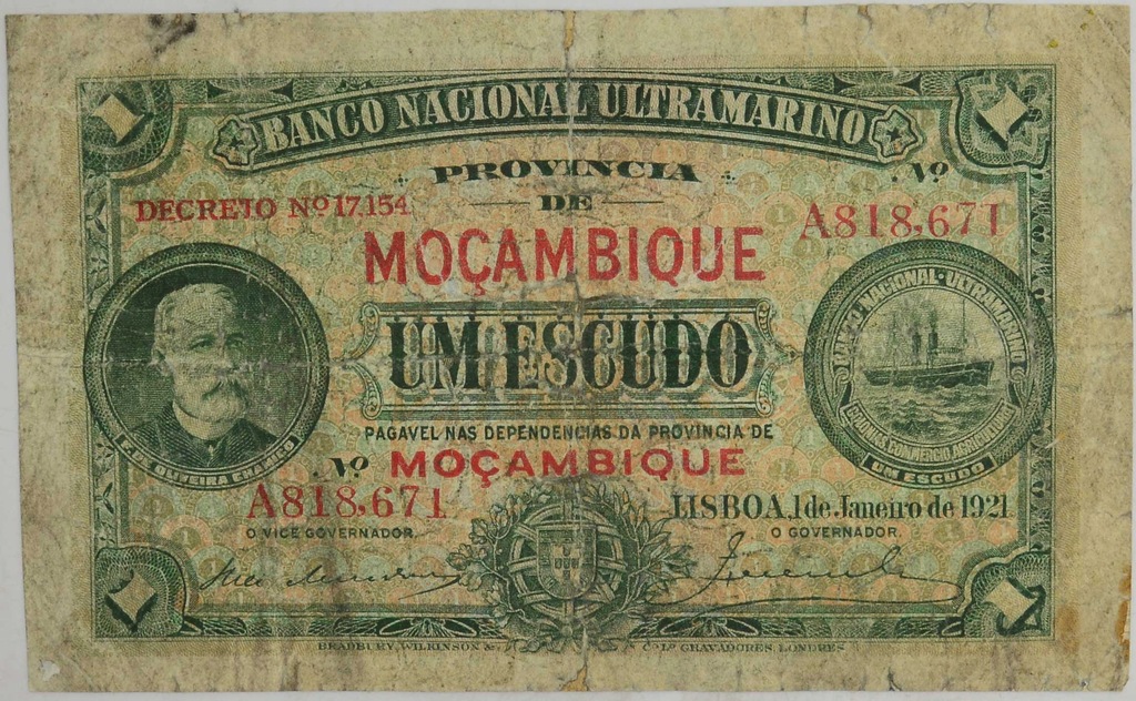 1.di.Mozambik, 1 Escudo 1921 rzadki, St.3/4+