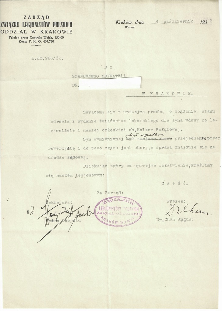 Pismo Związek Legionistów Polskich w Krakowie 1932